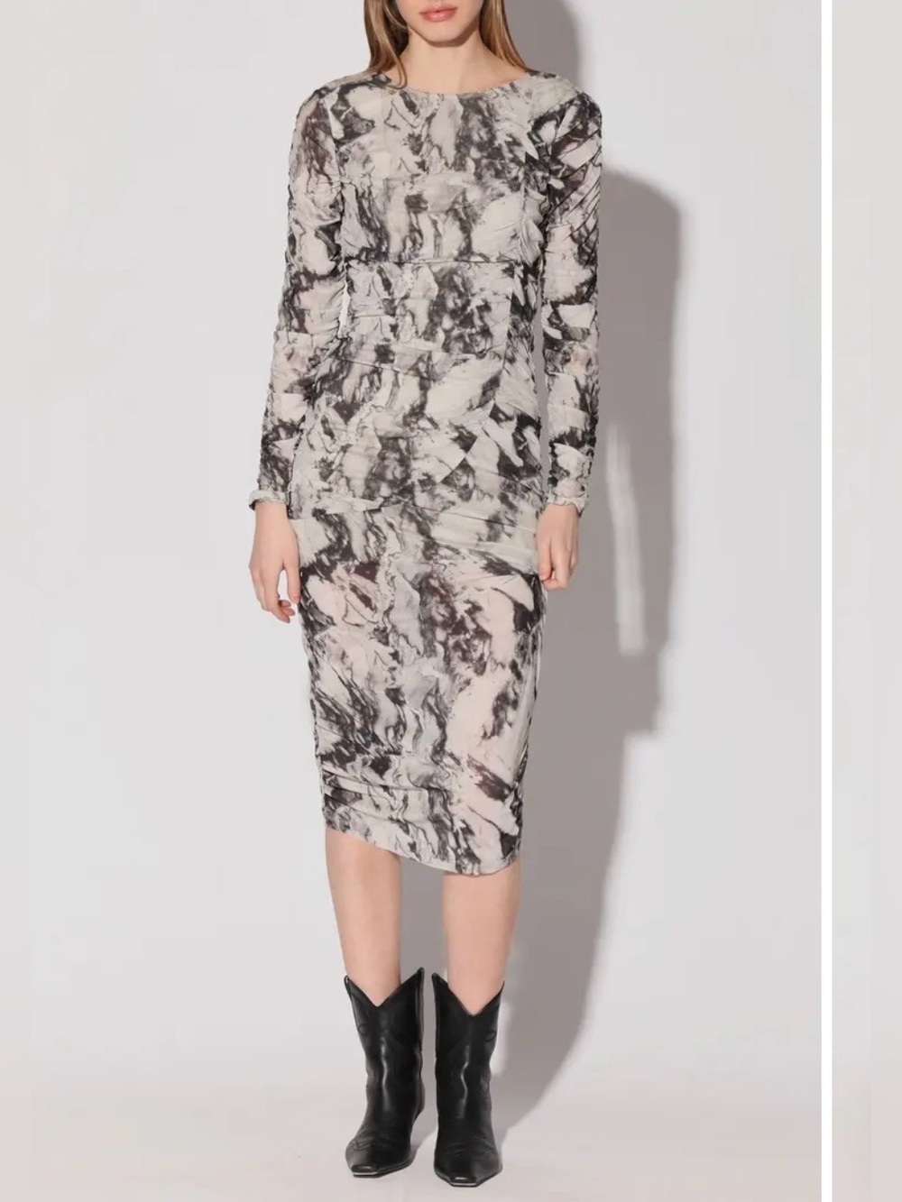 Walter Baker Marble-Print Long Sleeve Midi Dress in Black and Cream